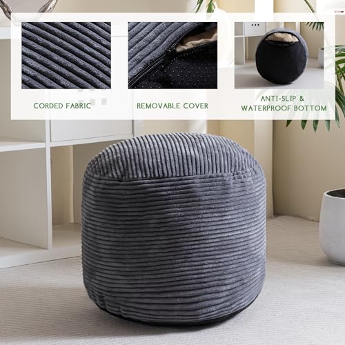 HIGOGOGO Round Stuffed Pouf Ottoman, Corduroy Poufs with Foam Chunk Filling, Furry and Fluffy Pouf Foot Stool Storage Ottoman, 20 X 15 Floor Poufs Foot Rest for Living Room, Dark Grey - color: Dark Grey, size: 20"D x 20"W x 15"H