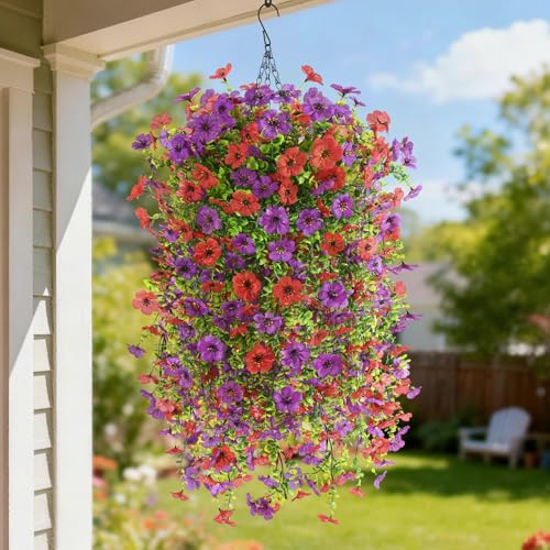 INQCMY Artificial Hanging Flower Baskets for Spring Outdoor Decoration Fake Plants UV Resistant Faux Silk Daisy with Eucalyptus Leaves Realistic Look for Home Porch Patio Yard - color: Red Purple