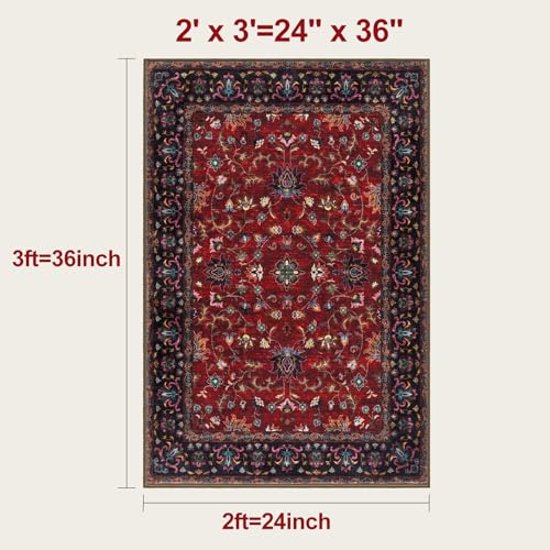 Tangsoo 2x3 Washable Rugs for Entryway, Vintage Floral Rug Red Small Area Rug Non-Slip Soft Low Pile, Small Carpet Door Mat, Front Door Indoor Throw Rugs for Entrance Kitchen Entry - color: Floral/Red, size: 2' X 3' (Rectangular)