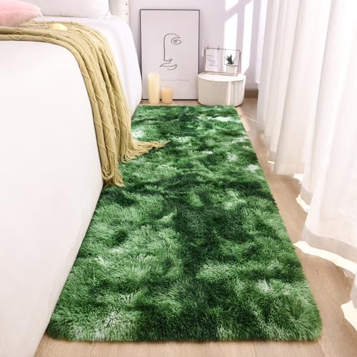 DweIke Fluffy Dark Green Runner Rugs for Bedroom, 2x6 Feet Soft Plush Long Moss Runners for Girls Boys Kids, Non-Slip and Machine Washable Bedside Rug, Small Throw Carpet for Hallway Rooms Decor - color: Dark-green, size: 2 Ft X 6 Ft