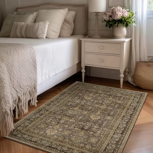 Washable 3x5 Entryway Rug, Boho Non-Slip Vintage Distress Small Rugs for Kitchen Nursery Office Bedroom, 0.3" Neutral Oriental Throw Thin Carpet with Cushioning Pad, Red/Brown/Multi, C4 - color: Deep Brown/Multi, size: 3' x 5' (Rectangular)