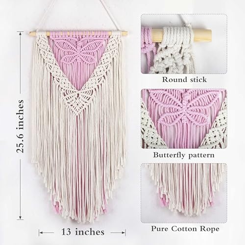 LB Macrame Wall Hanging, Pink Butterfly Tapestry Wall Hanging Decor Boho Art Wall Decor Bohemian Handmade Yarn Macrame Wall Art for Living Room Apartment Office Backdrop,13" W x 25.6" L - color: Beige Pink