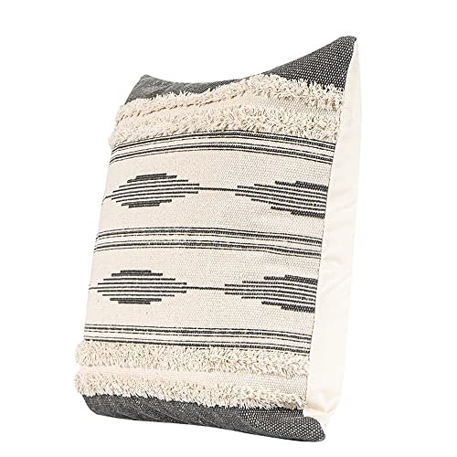 MOCOFO 16" Cream White Grey Woven Tufted Tassel Cushion Cover Fringe Pillow Sofa Couch Throw Bohemian Embroidered Cover ONLY (Gray 18‘’)