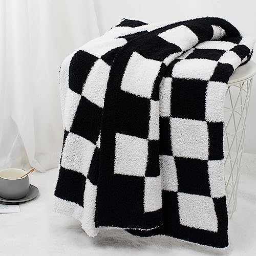 Carriediosa Checkered Throw Blanket 90" X 90" Queen, 400GSM Ultra Soft Microfiber Fuzzy Fluffy Reversible Cute Preppy Knitted Blankets Cozy Plush Fall Throws for Couch, Bed, Sofa, Black - color: Check - Black, size: 90" X 90"
