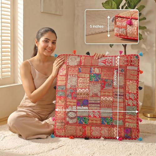 THE ART BOX Cotton Patchwork Vintage Boho Embroidered Floor Pillows & Cushion Cover Dog Pouf Seating Pouf Meditation Pillow Pet Bedding Cat Bed Boho Home Décor (35x35 Inches, Cover Only) - color: Red