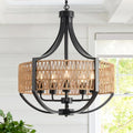 20" Rattan Farmhouse Chandelier Light Fixtures,5-Light Rustic Rattan Pendant Lighting with Woven Wicker Shade Boho Black Hanging Ceiling Light for Dining Room Living Room Kitchen Island Bedroom - color: V-Weave Round Rattan, size: 5 light 20 inches