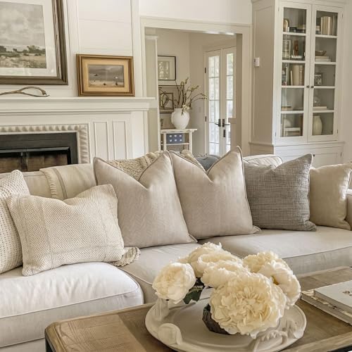 ZWJD Beige Pillow Covers 20x20 Set of 2 Chenille Throw Pillow Covers with Elegant Design Soft and Luxurious Decorative Throw Pillows for Couch, Bed, and Home Decor - color: Beige, size: 20" x 20" (Pack of 2)
