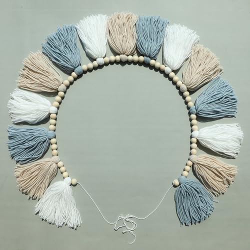 DCJHFJ Boho Blue Tassel Garland Wall Hanging with Wood Beads for Baby Shower Kids Room Bedroom Nursey Back to School Decorations - color: Blue