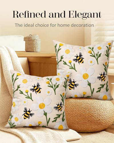 Embroidered Throw Pillow Covers 18x18 Inch - Set of 2 Summer Spring Boho Decorative Pillow Covers with Zipper for Living Room Couch Sofa Bed Aesthetic Design Flower Bee Cushion Pillowcases - color: Flower Bee, size: 18" x 18" (Pack of 2)