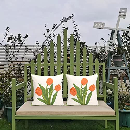 Pack of 2 Embroidered Decorative Throw Pillow Cover 18x18 Inch Farmhouse Floral Pillowcase for Living Room Sofa Bed (Orange Tulip) - color: Orange Tulip