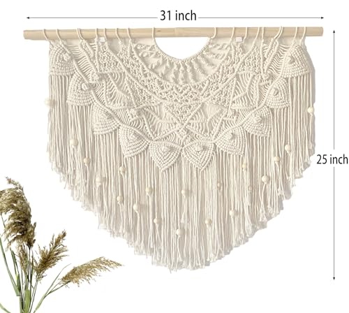 Youngeast Large Macrame Wall Hanging Boho Beaded Curtain for Window Macrame Bedroom Headboard Living Room Wall Art Tassel Tapestry Bohemian Woven Wall Decor 31" W X 25" H (Beige) - color: Beige