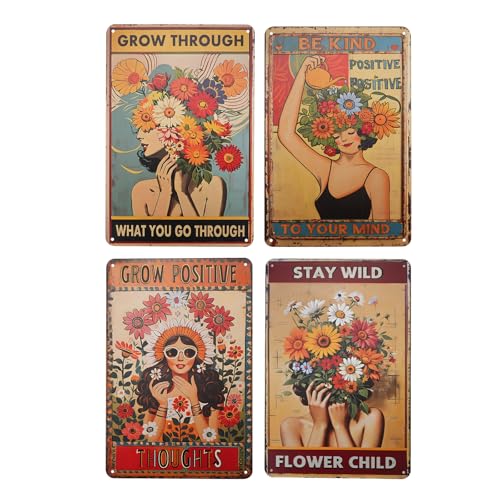 4PCS Vintage Tin Metal Sign, Boho Inspirational Wall Art Signs Decor, Flower Hippie Metal Poster Retro Signs for Gifts Women Office Bedroom Kitchen Living Room Cafes Bar Public 8x12 Inch (Tin Sign01) - color: Tin Sign01