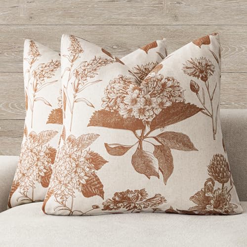 Foindtower Set of 2 Linen Floral Throw Pillow Covers Vintage Accent Print Decorative Cozy Cushion Covers Farmhouse Boho Home Decor for Sofa Chair Couch Bedroom Living Room,20×20 Inch,Autumn Orange - color: Autumn Maple, size: 20" x 20" (Pack of 2)