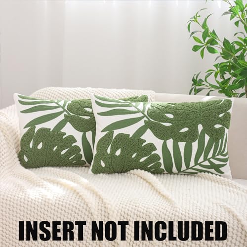 Embroidered Throw Pillow Covers 12x20 Pack of 2 Green Botanical Tropical Leaf Pillow Covers Beach Ocean-Themed Decorative Cushions Case Farmhouse Boho Plant Tufted Pillowcases for Summer - color: Green Tropical Leaf, size: 20" x 12" (Pack of 2)