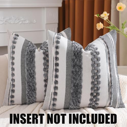Grey Throw Pillow Covers 18x18 Set of 2 Boho Stripe Pillow Covers Tufted Decorative Pillow Case Accent Pillowcase Farmhouse Cushion Case Nuetral Textured Pillow Cover Spring Home Decor - color: Gray Stripe, size: 18" x 18" (Pack of 2)