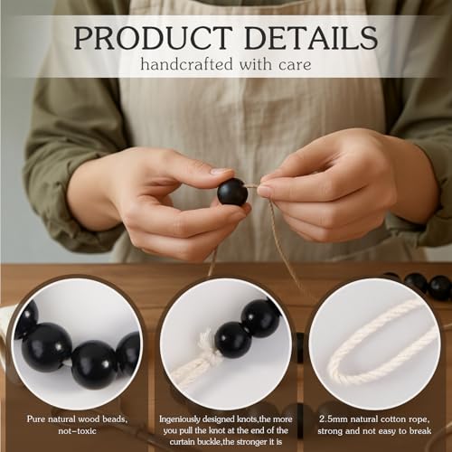 Hion 2 Pcs Boho Curtain Tiebacks,Wood Beads Curtain Holdbacks,Outdoor Farmhouse Tie Backs for Curtains,Curtain Holders for Drapes Home Office Room Decor with Hooks(Black) - color: Black, size: 2 Pack