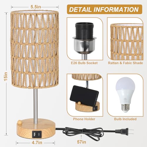 Bedside Lamps Set of 2 with Bulb, Touch Control Nightstand Lamp for Bedroom with Rattan & Linen Shade, 3 Way Dimmable Small Boho Table Lamps with USB Charging Port & Phone Stand - color: Faux wood-2pack