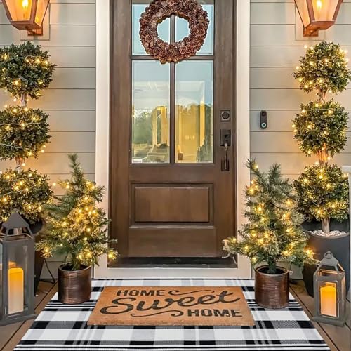 Fall Décor Plaid Rug, 2'4" x 3'7" Black&White Check Indoor/Outdoor Area Rug, Layering Rug for Hello/Welcome Doormat, Machine Washable Cotton Woven Rugs for Farmhouse Front Porch,Entryway - color: Black & White Plaid X, size: 2'4" x 3'7" (Rectangular)
