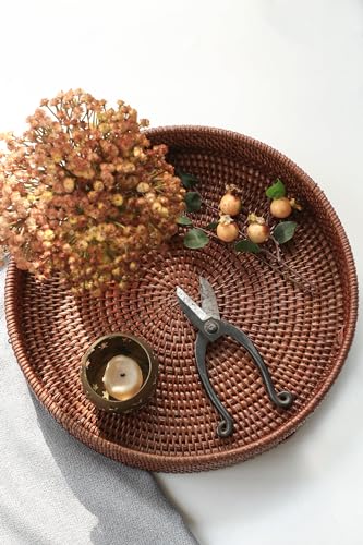 HITOMEN Hand-Woven Round Rattan Serving Tray Decorative Ottoman Wicker Platter with Handles for Coffee Table, Breakfast, Drinks, Snack, Bread, Fruit, Vegetables (Brown Set of 2: M+L) - color: Brown, size: Medium (11.8 inches)/Large (14.2 inches)