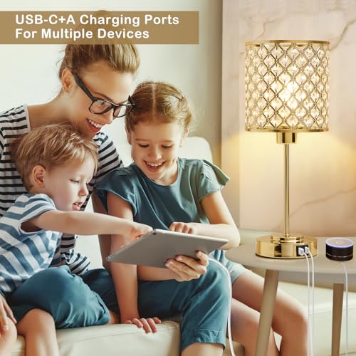 GyroVu Crystal Table Lamp for Bedroom, Touch Control Bedside Lamp with USB-C+A Ports, Dimmable Gold Bedside Lamp with Bulb, Nightstand Lamp Modern Light for Living Room - color: Gold, size: 17"