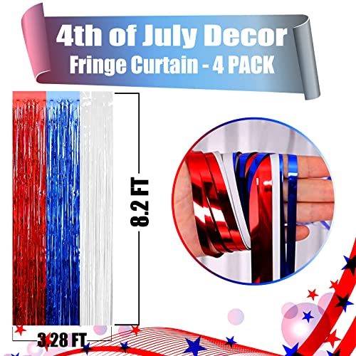 4 Pack Red Blue White Foil Fringe Curtain Backdrop, 3.28Ft x 8.2Ft Metallic Tinsel Foil Fringe Streamers Curtains for Photo Booth, Wedding, Mardi Gras, Birthday, Independence Day Party Decoration - color: Blue,White