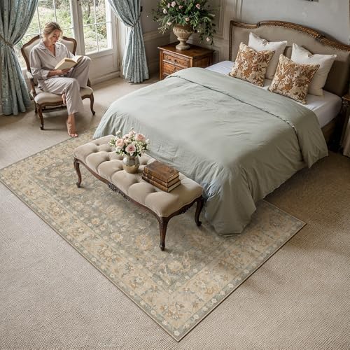HUGEAR 5x7 Washable Vintage Area Rug Brown Neutral Distressed Low Pile Non Slip Soft Carpet Indoor Throw Rug for Living Room Bedroom Dining Room Home Office - color: Brown, size: 5' x 7' (Rectangular)