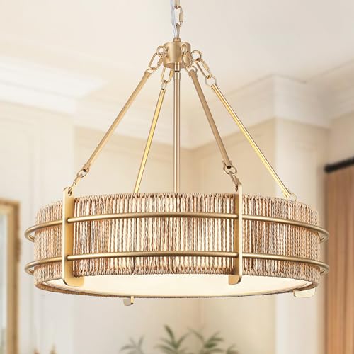 21.5'' Boho Rattan Chandelier Light Fixture, 5-Light Hand Woven Rattan Chandeliers with Fabric Shade, Rustic Gold Pendant Light for Kitchen, Bedroom, Dining Room, Living Room, Foyer - size: 21.5 inch
