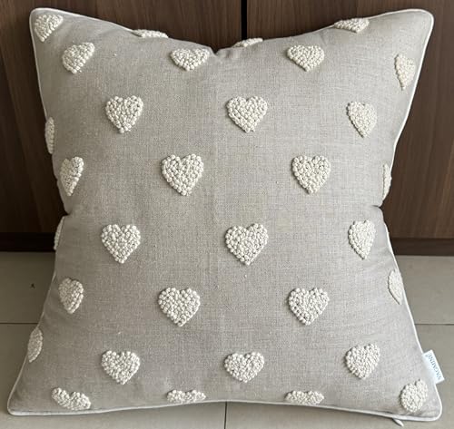 VAGMINE Hand Embroidered Heart Tufted 18x18 Throw Pillow Cover - Natural Linen Square Cushion for Sofa Couch Bed Nursery - Boho Valentine Decor - French Knots - color: Natural-french Knots, size: 18" x 18" (Pack of 1)