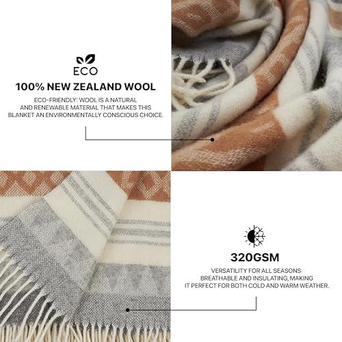 | Wool Blanket/Throw | 100% New Zealand Wool | Perfect for Home and Outdoors | Virgin Wool Throw with Fringes 75"x87" (190 x 220 cm) - color: Beige/Gray/Milky, size: Full