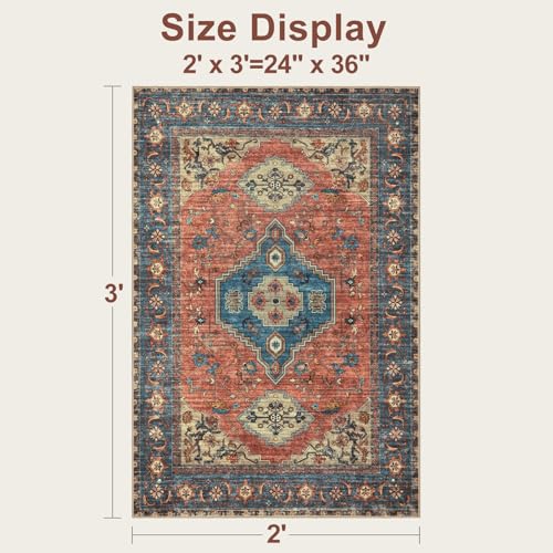 Tangsoo Oriental Washable Entryway Rugs Terracotta 2x3 Non Slip Small Area Rug, Vintage Indoor Front Door Rug, Print Door Mat Indoor Entrance Soft Low Pile Throw Rug for Entry Kitchen Bedroom - color: Terracotta/Blue, size: 2' X 3' (Rectangular)