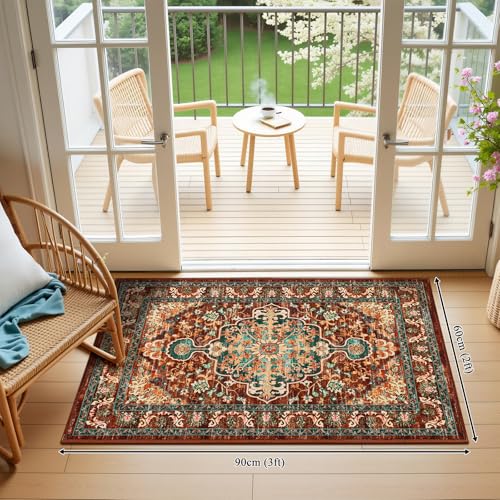 U'Artlines 2' x 3' Boho Hallway Runner Rug, Non Slip Washable Vintage Farmhouse Accent Area Rug Carpet for Kitchen Entryway Laundry and Living Room (Rust＆Teal) - color: Rust＆teal, size: 2 x 3 ft (Runner)