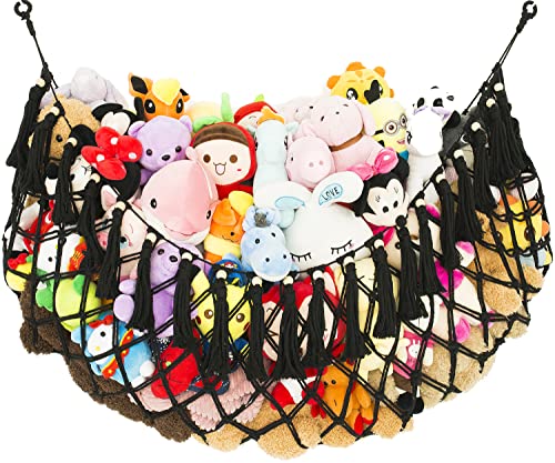 Stuffed Animal Hammock Wall Mounted Hanging Net for Stuffed Animal Storage Holder Handmade Macrame Toy Hammock Boho Nursery Organizer Plushies Net(Black) - color: Black for Wall, size: 60" W
