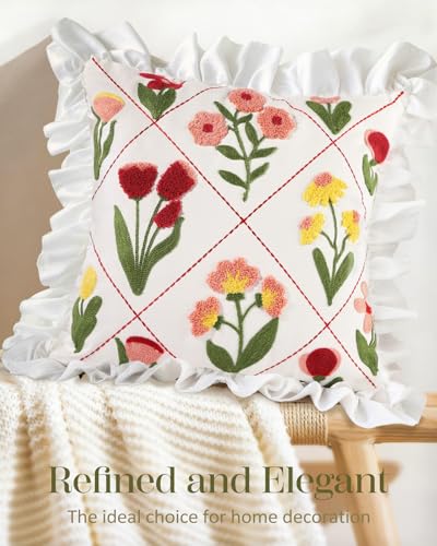 Embroidered Throw Pillow Cover - 18x18 Decorative Pillow Cover with Zipper Aesthetic Cute Design Boho Spring Summer Throw Pillowcase for Living Room Couch Sofa Bed, Ruffle Floral - color: Ruffle-floral, size: 18" x 18" (Pack of 1)