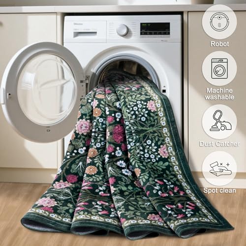 Area Rugs 9x12 Living Room: Floral Washable Rug Vintage Large Soft Boho Non-Slip Carpet Indoor Floor Stain Resistant Low Pile Carpets for Bedroom Dining Room Farmhouse Nursery Home Office Dark Green - color: Dark Green, size: 9' x 12' (Rectangular)