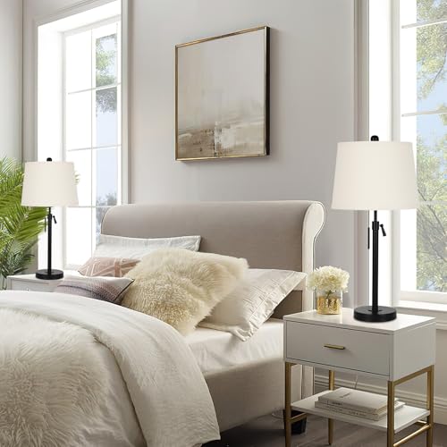 Bedside Table Lamps Set of 2: Tall Black Table Lamps for Living Room End Table | Height Adjustable 3-Way Dimmable Nightstand Lamp with Pull Chain Switch Modern Lamps for Bedroom Office(Bulbs Included) - color: Black+Beige Shade Set of 2