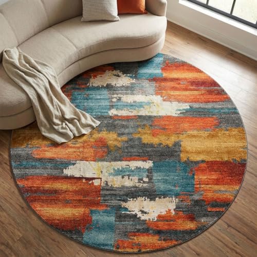 6ft Round Area Rug for Living Room,Modern Abstract Burnt Orange Rug,Terracotta and Teal Brushstroke Rug,Non-Slip Washable,Bedroom, Dining Room, Home Office,Nursery - color: Burn Orange, size: 6ft