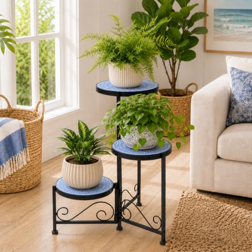 3 Tier Mosaic Ceramic Top Plant Stand, Foldable Wrought Iron Flower Pot Holder, No Assembly Required Space Saving Plant Shelf for Indoor Outdoor Patio Garden Balcony Decor