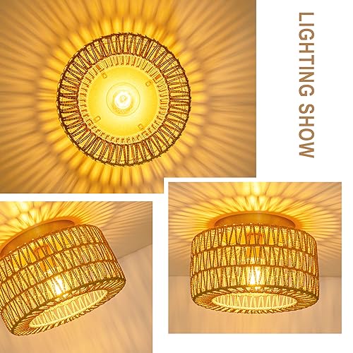 SineRise Rattan Ceiling Light Fixtures (12-Inch, LED Bulb Included), Hand-Woven Boho Flush Mount Ceiling Light, Rattan Chandelier for Hallway Kitchen Farmhouse Foyer Entryway Living Room(Gold) - color: Gold, size: Small