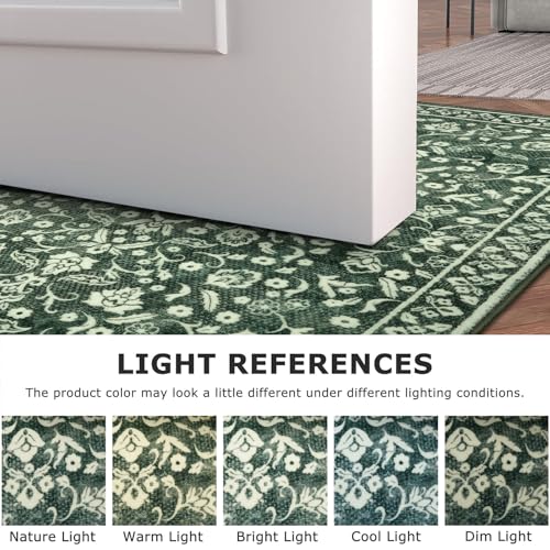Vintage Entryway Rug Indoor, Forest Green Washable Rug 2x3, Small Area Rug with Non-Slip Backing, Floral Print Thin Faux Wool Super Soft Door Mat for Kitchen, Entrance, Bedroom, Office - color: Forest Green, size: 2' x 3' (Rectangular)