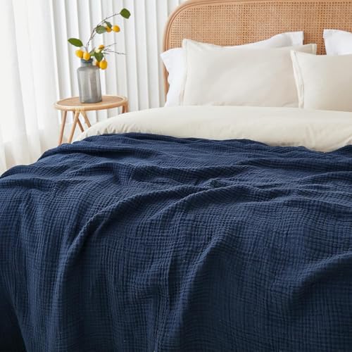 EMME Cotton Throw Blanket for Couch Soft Muslin Blankets 50"x60" Lightweight Breathable Blanket All Season Gauze, Navy - color: 05 - Navy, size: Throw (50" x 60")