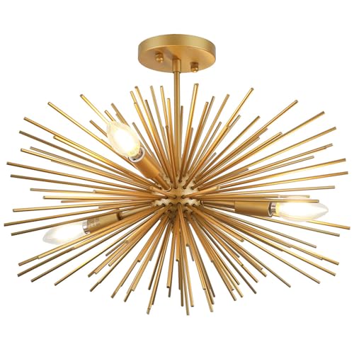 Modern Sputnik Chandelier Ceiling Light Fixture,4-Light Gold Semi Flush Mount Ceiling Light,20in Solid Metal Starburst Satellite Urchin Chandelier for Entry Dining Room Bedroom Kitchen Foyer - color: Gold 20" 4-Light