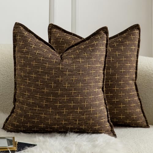 MANDIOO Pack of 2 Burlap Linen Throw Pillow Covers Woven Textured Modern Farmhouse Cushion Covers Pillowcase Decorative Couch Sofa Bed Living Room 22 x 22 Inch Deep Brown - color: Deep Brown, size: 22" x 22" (Pack of 2)