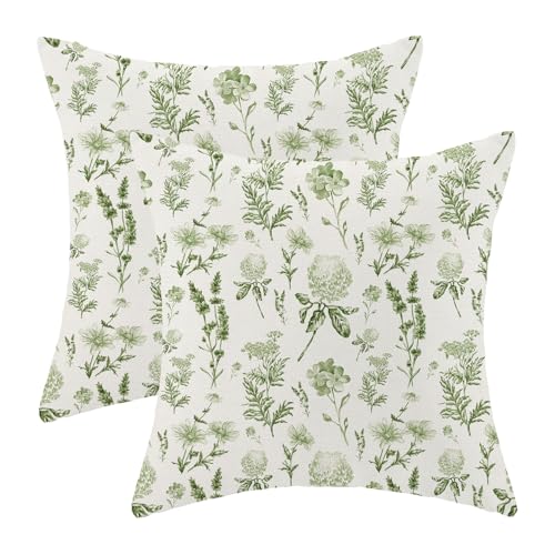 AEIOAE Sage Green Spring Pillow Covers 16x16 Inch Set of 2, Wild Flower Leaves Plant Throw Pillows Case,Seasonal Floral Outdoor Decorative Farmhouse Decor Cushion Covers for Home Sofa Bed Couch - color: Sage Green Wild Flowers, size: 16" x 16" (Pack of 2)