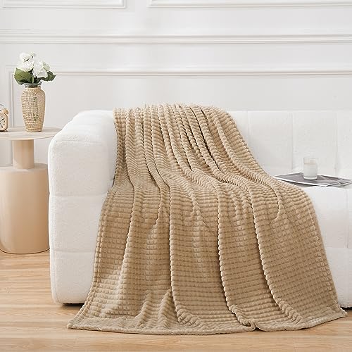 Puncuntex Flannel Fleece Beige Throw Blanket 50"×60",Super Soft Plush Cozy Blanket with 3D Jacquard Square Grid Design Luxury for Couch Sofa Chair,Khaki - color: Khaki, size: 50"×60"