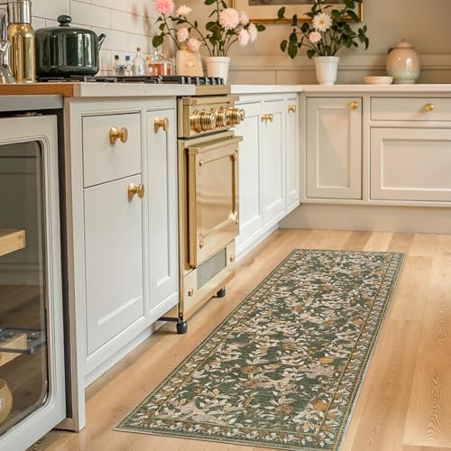 jinchan Eden Floral Washable Runner Rug 2x5 Vintage Hallway Rug Non-Slip Lightweight Soft Thin Kitchen Low Pile Distressed Orange Green Carpet for Bathroom Laundry Room Bedroom Entryway - color: Eden Green, size: 2' x 5' (Runner)