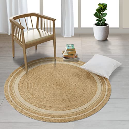 GRUHUM Round Jute Cotton Area Rug 7ft - Natural Fiber Handmade Boho Charm Farmhouse Jute Area Rug Soft Braided Rustic Vintage Reversible Indoor Outdoor Kitchen Bedroom Living Room Hallways Enterway - color: Natural- 14, size: 7' (Round)