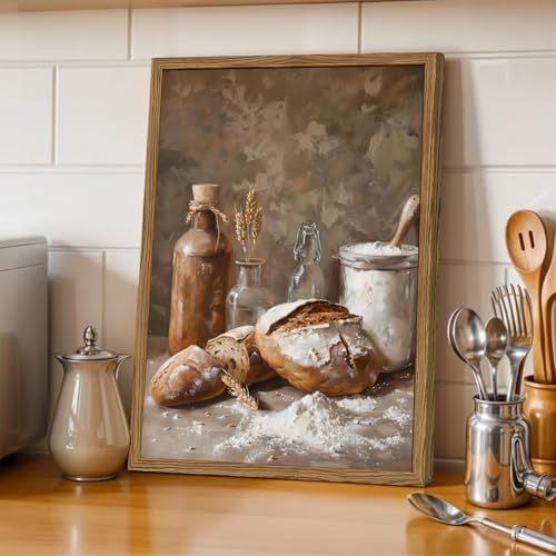 Framed Vintage Kitchen Wall Art, Rustic Bread and Flour Pictures Wall Decor Paintings, Farmhouse Food Poster Canvas Prints Country Home Decor for Dining Room Living Room Bakery 12x16 inch - color: Bread, size: 16"L x 12"W