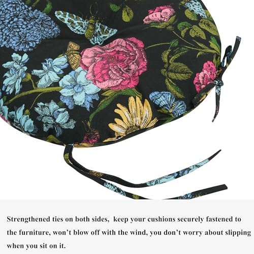 FUNHOME 15"x15"x4" Bistro Chair Cushion Set of 2, Water Repellent Round Outdoor Chair Cushions with Ties, Patio Tufted Chair Pads for Home Garden (Black Flower Butterfly) - color: Black Flower Butterfly