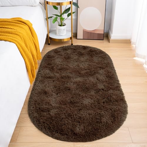 Goideal Fluffy Bedroom Rug, Small Oval Area Rugs, Brown Shag Bedside Carpet for Kids Room Nursery Dorm Cute Fuzzy Indoor Decor for Boy and Girl, 2.6 x 5.3 Feet - color: Brown