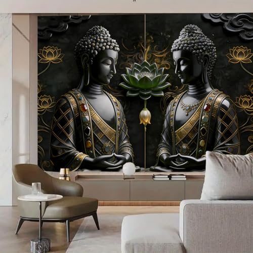 FENDROM Black Vintage Sitting Buddha Tapestry Wall Hanging Buddhist Statue Tapestries Green Lotus Meditation Wall Decor Psychedelic Indian Zen Art for Bedroom Living Room Home Decor - color: Black2, size: 59"L x 51"W